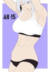 Rule 34 | 1girl, abs, absurdres, ak-15 (girls&#039; frontline), alternate costume, armpits, arms up, breasts, cleavage, girls&#039; frontline, grey hair, hair over one eye, highres, inset border, large breasts, long hair, looking at viewer, muscular, muscular female, open mouth, purple background, purple eyes, shirt, shorts, smolxeno, solo, white background