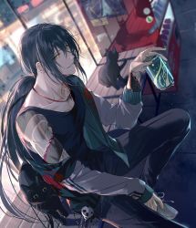 Rule 34 | 1boy, animal, arm tattoo, bare shoulders, black cat, black hair, black pants, black tank top, can, cat, chinese commentary, collarbone, contemporary, drink can, eyes visible through hair, fate/grand order, fate (series), green eyes, green jacket, grey jacket, hair between eyes, hand up, highres, holding, holding can, jacket, jewelry, long hair, long sleeves, looking at viewer, low ponytail, male focus, multicolored clothes, multicolored jacket, necklace, off shoulder, pants, red neckwear, rrr (reason), shoes, sitting, smile, sneakers, soda can, solo, tank top, tattoo, two-tone jacket, vending machine, white footwear, yan qing (fate)