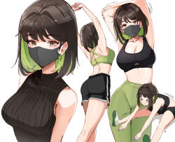 Rule 34 | &gt; &lt;, 1girl, armpits, arms up, ass, back, black hair, black mask, black shorts, black sports bra, black sweater, breasts, brown eyes, cleavage, clothing cutout, colored inner hair, commentary, earrings, english commentary, green hair, green pants, green sports bra, high-waist pants, highres, jewelry, large breasts, looking at viewer, mask, midriff, miru (ormille), mole, mole under eye, mouth mask, multicolored hair, multiple views, navel, original, ormille, pants, shoes, short hair, shorts, sitting, sleeveless, sleeveless sweater, sneakers, sports bra, stretching, sweater, trembling, two-tone hair, underboob cutout, upper body, yoga pants