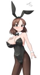 Rule 34 | 1girl, absurdres, animal ears, black bow, black bowtie, black leotard, black pantyhose, bow, bowtie, breasts, brown eyes, brown hair, chiyoda (kancolle), covered navel, cowboy shot, detached collar, forehead, hand on own chest, highres, kantai collection, large breasts, leotard, looking at viewer, maru (marg0613), one-hour drawing challenge, pantyhose, playboy bunny, rabbit ears, short hair, solo, standing, strapless, strapless leotard, wrist cuffs
