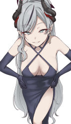 Rule 34 | 1girl, absurdres, black dress, black gloves, black horns, blue archive, blush, breasts, commentary request, demon horns, dress, elbow gloves, feet out of frame, gloves, grey eyes, grey hair, halterneck, highres, horns, kiritto, large breasts, long hair, makoto (blue archive), makoto (dress) (blue archive), official alternate costume, pointy ears, simple background, smile, solo, white background