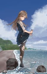 Rule 34 | 1girl, absurdres, arashio (kancolle), arashio kai ni (kancolle), beach, black dress, black pantyhose, brown eyes, brown hair, come2traveling, dress, frilled dress, frills, from side, frown, full body, highres, injury, kantai collection, legs, long hair, long sleeves, looking at viewer, looking to the side, outdoors, pantyhose, pinafore dress, searchlight, shirt, sleeveless dress, solo, torn clothes, torn dress, torn pantyhose, torn shirt, wading, wet, wet clothes, white shirt