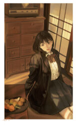 Rule 34 | 1girl, black eyes, black hair, black jacket, blue skirt, border, bow, bowtie, chinese commentary, closed mouth, collared shirt, commentary request, cowboy shot, dated, desk, expressionless, food, fruit, high-waist skirt, highres, indoors, jacket, looking at viewer, mandarin orange, medium hair, miniskirt, one-hour drawing challenge, open clothes, open jacket, orange peel, original, plate, pleated skirt, red bow, red bowtie, red lips, sanshui guantang, school uniform, shirt, shouji, signature, sitting, skirt, sliding doors, solo, table, tatami, television, white border, white shirt