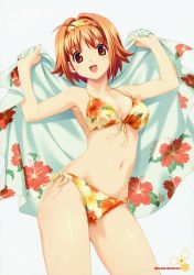 Rule 34 | 1girl, :d, absurdres, ahoge, arms up, bikini, breasts, cleavage, cowboy shot, floral print, flower, front-tie top, hairband, highres, koutaro, navel, open mouth, open towel, print bikini, short hair, side-tie bikini bottom, simple background, smile, solo, string bikini, swimsuit, towel