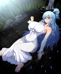 Rule 34 | 1girl, aqua (konosuba), bare shoulders, beads, blue eyes, blue hair, blush, breasts, covered navel, detached sleeves, dress, earrings, gem, grass, hair beads, hair between eyes, hair ornament, hair rings, highres, impossible clothes, jewelry, knee up, kono subarashii sekai ni shukufuku wo!, large breasts, looking at viewer, necklace, partially submerged, pond, ponponmaru, sleeveless, sleeveless dress, smile, solo, wet, wet clothes, white dress