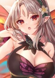 Rule 34 | 1girl, animal print, black one-piece swimsuit, breasts, butterfly print, edamameoka, facial mark, fairy wings, fire emblem, fire emblem heroes, flower, forehead mark, gold bracelet, grey hair, hair flower, hair ornament, twirling hair, halterneck, highres, large breasts, long hair, looking at viewer, nintendo, official alternate costume, one-piece swimsuit, open mouth, plumeria (fire emblem), plumeria (summer) (fire emblem), pointy ears, ponytail, red eyes, solo, swimsuit, wings