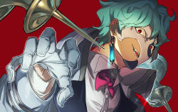 Rule 34 | 1boy, aqua hair, bow, bowtie, commentary request, dottore (genshin impact), earrings, genshin impact, gloves, jacket, jewelry, long sleeves, male focus, mask, namae (areees), open mouth, red background, red bow, red bowtie, red eyes, shirt, simple background, single earring, solo, upper body, white gloves, white shirt