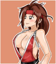 Rule 34 | 1girl, bare shoulders, blush, breasts, brown eyes, brown hair, cleavage, cosplay, grin, headband, large breasts, long hair, ponytail, shiranui mai, shiranui mai (cosplay), smile, snk, solo, standing, the king of fighters, upper body, yuri sakazaki