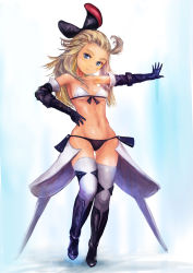 Rule 34 | 1girl, ahoge, bikini, blonde hair, blue eyes, bow, bravely default: flying fairy, bravely default (series), breasts, closed mouth, edea lee, elbow gloves, gloves, hair bow, highres, long hair, looking at viewer, simple background, smile, solo, swimsuit, tamaishi, thighhighs