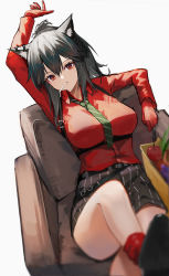 Rule 34 | animal ears, apple, arknights, arm up, armchair, bare legs, basket, belt, black hair, black shorts, breasts, chair, closed mouth, collared shirt, commentary request, ear piercing, ema (kuguiema), food, fruit, gloves, green necktie, highres, large breasts, leg up, long hair, long sleeves, looking at viewer, mouth hold, necktie, official alternate costume, piercing, ponytail, red eyes, red gloves, red shirt, shirt, shorts, sidelocks, simple background, sitting, solo, striped clothes, striped necktie, striped shorts, texas (arknights), texas (willpower) (arknights), underbust, vertical-striped clothes, vertical-striped shorts, white background, wolf ears