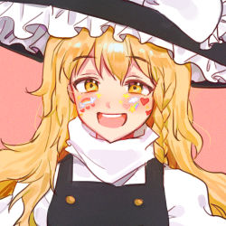 Rule 34 | 1girl, black dress, black hat, blonde hair, bow, braid, buttons, cloud, dress, frills, hair between eyes, hat, hat bow, heart, highres, holding, kirisame marisa, long hair, looking at viewer, mujiga, open mouth, pink background, puffy short sleeves, puffy sleeves, rainbow, shirt, short sleeves, simple background, single braid, smile, solo, star (symbol), tattoo, teeth, tongue, touhou, upper body, white bow, white shirt, white sleeves, witch hat, yellow eyes