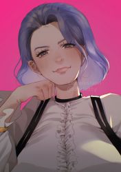 Rule 34 | 1girl, breasts, clenched hand, dead by daylight, frilled shirt, frills, hair behind ear, head tilt, highres, kimura yui, kitty keihara, large breasts, looking at viewer, medium hair, pink background, portrait, purple eyes, purple hair, shirt, smile, solo, suspenders, white shirt