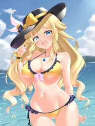 Rule 34 | 1girl, :d, bare arms, bare shoulders, bikini, black hat, blonde hair, blue eyes, blue sky, bow, breasts, cleavage, cloud, commentary, cowboy shot, day, drill hair, drill sidelocks, genshin impact, gluteal fold, hat, hat bow, highres, jewelry, kuro neko 7, large breasts, long hair, looking at viewer, navel, navia (genshin impact), ocean, open mouth, pendant, sidelocks, sky, smile, solo, standing, stomach, swimsuit, thighs, very long hair, water, yellow bikini, yellow bow
