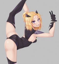 Rule 34 | 1girl, ass, black gloves, blonde hair, flip flappers, gloves, grey background, highres, leg up, looking at viewer, multicolored hair, parted lips, pink hair, purple eyes, short hair, short ponytail, simple background, smile, solo, split, standing, standing on one leg, standing split, streaked hair, teeth, upper teeth only, v, yayaka, young savage