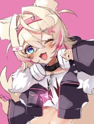 Rule 34 | 1girl, animal ears, belt collar, black collar, black jacket, blonde hair, blue eyes, breasts, collar, cropped jacket, cropped shirt, dog ears, dog girl, dog tail, fangs, fur-trimmed jacket, fur trim, hair ornament, haruhiyo vvv, headphones, headphones around neck, highres, hololive, hololive english, jacket, looking at viewer, midriff, mococo abyssgard, mococo abyssgard (1st costume), multicolored hair, one eye closed, pink background, pink hair, short shorts, shorts, small breasts, smile, solo, streaked hair, tail, virtual youtuber, white shorts, x hair ornament