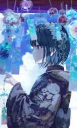 Rule 34 | 1girl, absurdres, black kimono, blue eyes, blue hair, blue sky, blurry, blush, commentary, depth of field, expressionless, floral print kimono, from side, highres, holding wind chime, japanese clothes, kimono, kiritani haruka, looking to the side, neu 33, obi, project sekai, sash, short hair, sidelocks, sky, solo, too many, white clouds, wind chime