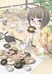 Rule 34 | 1girl, :3, absurdres, bad id, bad pixiv id, bench, black eyes, black hair, cat, doughnut, eating, closed eyes, food, glasses, highres, japanese clothes, kimono, looking at viewer, mouth hold, nekobaka, o o, open mouth, original, red-framed eyewear, short hair, sitting, solo, table, tears, too many, too many cats