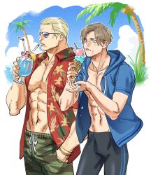Rule 34 | 2boys, abs, bara, black male swimwear, blonde hair, blue eyes, brown hair, cup, curtained hair, drinking, drinking straw, food, green male swimwear, hawaiian shirt, holding, holding cup, holding food, holding ice cream, hood, hood down, ice cream, ice cream cone, jack krauser, jammers, large pectorals, leon s. kennedy, male focus, male swimwear, multiple boys, muscular, muscular male, navel, open clothes, open shirt, pectorals, red shirt, resident evil, resident evil: the darkside chronicles, resident evil 4, resident evil 4 (remake), shirt, short hair, sunglasses, tatsumi (psmhbpiuczn), tongue, tongue out