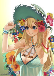 Rule 34 | 1girl, absurdres, adjusting clothes, adjusting headwear, alternate costume, arms up, atago (kancolle), bare shoulders, blonde hair, blue dress, breasts, cleavage, closed mouth, collarbone, commentary request, dress, flower, flower request, hair flower, hair ornament, hat, hibiscus, highres, incredibly absurdres, kantai collection, large breasts, lily (flower), long hair, looking away, luicent, morning glory, signature, smile, solo, straw hat, sun hat, white background, wrist cuffs