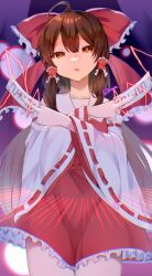 Rule 34 | 1girl, ahoge, bow, bright pupils, brown eyes, brown hair, commentary, cowboy shot, crossed arms, danmaku, detached sleeves, double-parted bangs, eyes visible through hair, fighting stance, frilled bow, frilled hair tubes, frilled skirt, frills, frown, hair between eyes, hair bow, hair tubes, hakurei reimu, hands up, hashtag only commentary, highres, holding, holding paper, huge bow, long hair, long sleeves, looking at viewer, noisy ma, nontraditional miko, open mouth, paper, red bow, red skirt, ribbon-trimmed sleeves, ribbon trim, sidelocks, skirt, solo, straight-on, touhou, tsurime, twitter username, wide sleeves