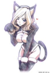 Rule 34 | 00s, 1girl, akazaki yasuma, animal ears, animal hands, black thighhighs, blonde hair, blue eyes, blush, breasts, cat ears, cat tail, claws, cleavage, code geass, fur, groin, heart, impossible clothes, impossible shirt, milly ashford, non-web source, one eye closed, paw pose, shirt, short hair, smile, solo, tail, thighhighs, wink