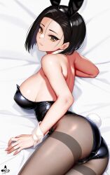 Rule 34 | 1girl, animal ears, ass, bare arms, bare shoulders, black hair, black hairband, black leotard, black pantyhose, breasts, closed mouth, detached collar, fake animal ears, fake tail, hairband, highres, infinote, large breasts, leotard, looking at viewer, lying, on side, original, pantyhose, rabbit ears, rabbit tail, short hair, smile, solo, tail, thighband pantyhose, thighs, wrist cuffs, yashiki yuuko (infinote), yellow eyes