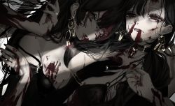 Rule 34 | 2girls, black gloves, bleeding, blood, blood on face, death, earrings, elbow gloves, gloves, highres, jewelry, lipstick, lying, makeup, multiple girls, narue, nosebleed, on back, original, parted lips, pile of corpses, red eyes, red lips, ring, solo focus