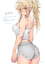 Rule 34 | 1girl, ass, blonde hair, camisole, cowboy shot, fate (series), grey shorts, highres, long hair, looking at viewer, matsuda (matsukichi), messy hair, mordred (fate), original, ponytail, short shorts, shorts, simple background, smile, solo, spaghetti strap, standing, translation request, white background