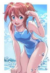 Rule 34 | 1girl, blue eyes, blue one-piece swimsuit, blue sky, breasts, brown hair, cloud, commission, competition swimsuit, day, hand on own knee, konoe haruka, leaning forward, long hair, love live!, love live! nijigasaki high school idol club, medium breasts, nikulas cage, ocean, one-piece swimsuit, open mouth, outdoors, pixiv commission, round teeth, sky, solo, swimsuit, teeth, twintails, two-tone swimsuit, upper teeth only, water