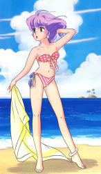 Rule 34 | 1980s (style), 1girl, \n/, adjusting hair, ahoge, anklet, armpits, artist request, bandeau, barefoot, beach, bikini, breasts, cleavage, creamy mami, day, earrings, front-tie bikini top, front-tie top, full body, hand in own hair, highres, indoors, island, jewelry, lipstick, mahou no tenshi creamy mami, makeup, morisawa yuu, navel, official art, oldschool, outdoors, palm tree, pink bikini, polka dot, polka dot bikini, purple hair, retro artstyle, sand, short hair, solo, standing, strapless, strapless bikini, striped bikini, striped clothes, sunglasses, swimsuit, towel, tree