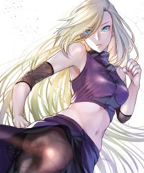 Rule 34 | 1girl, arm warmers, blonde hair, blue eyes, clenched hand, fighting stance, ksn (sleeping chick), long hair, looking at viewer, midriff, naruto: the last, naruto (series), navel, simple background, skirt, sleeveless, solo, very long hair, yamanaka ino