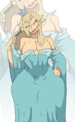 Rule 34 | 1girl, amy (leedraw), blonde hair, blue eyes, breasts, cleavage, collarbone, crown, detached sleeves, dress, hand on own hip, highres, holding, holding wand, large breasts, long hair, mario (series), nintendo, rosalina, smile, solo, sparkle earrings, star (symbol), strapless, strapless dress, wand, white background, wide hips, zoom layer
