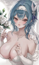 Rule 34 | 1girl, bare shoulders, blush, bracelet, breasts, cleavage, closed mouth, detached sleeves, dress, eula (genshin impact), eyelashes, flower, genshin impact, hair between eyes, hair ornament, hairband, highres, jewelry, large breasts, looking at viewer, nail polish, necklace, r0 0ong, rose, solo, strapless, strapless dress, upper body, wedding dress, white dress, white flower, white hairband