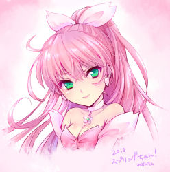 Rule 34 | 10s, 1girl, 2013, artist name, bare shoulders, bow, breasts, choker, cleavage, detached sleeves, earrings, green eyes, hair bow, jewelry, long hair, looking at viewer, mizunomoto, original, pink hair, ponytail, small breasts, smile, solo, upper body
