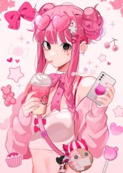Rule 34 | 1girl, bad id, bad twitter id, bag, bag charm, bear, black eyes, blunt bangs, bra, braid, candy, charm (object), cherry, commentary, commentary request, cup, double bun, dracule mihawk, earrings, eyelashes, eyewear on head, food, fruit, hair bun, heart, holding, holding cup, holding phone, jewelry, joman, korean commentary, kumacy, looking at viewer, milkshake, one piece, perona, phone, pink background, pink hair, pink nails, pink ribbon, pink vest, ribbon, shoulder bag, sidelocks, solo, star (symbol), sunglasses, underwear, vest