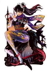 Rule 34 | 1girl, black hair, bodysuit, clenched hand, commentary request, earrings, facial mark, fake tail, floral print, fox mask, fox tail, full body, highres, holding, holding sword, holding weapon, jbstyle, jewelry, kunimitsu ii, long hair, mask, mask on head, mole, mole under mouth, multiple tails, namco, ninja, ninjatou, obi, official art, ponytail, print scarf, purple eyes, purple hair, purple scarf, reverse grip, sash, scarf, short sword, solo, sword, tail, tekken, tekken 7, weapon, whisker markings