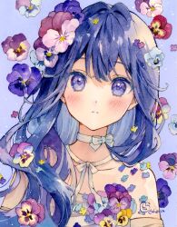 Rule 34 | 1girl, artist name, blue background, blush, character request, copyright request, crossed bangs, flower, hair flower, hair intakes, hair ornament, highres, long hair, looking at viewer, painting (medium), pansy, parted lips, pen (medium), pink flower, pink pansy, portrait, purple eyes, purple flower, purple hair, purple pansy, shirt, signature, solo, split mouth, traditional media, watercolor (medium), white shirt, yellow flower, yellow pansy, yuyuharu 1027