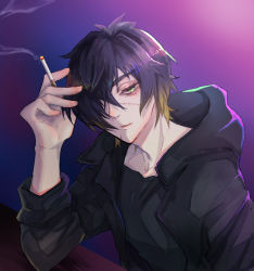 Rule 34 | 1boy, black jacket, cigarette, elbow on table, gradient background, gradient hair, green eyes, hair over one eye, highres, holding, holding cigarette, hood, hood down, hooded jacket, jacket, koimi xx, male focus, multicolored hair, purple background, scar, scar on face, short hair, slow damage, smoking, solo, stitches, table, towa (slow damage)
