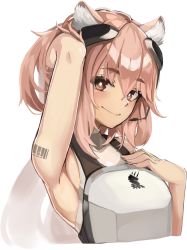 Rule 34 | 1girl, arknights, arm up, armor, armpits, barcode tattoo, bare shoulders, blush, breastplate, bright pupils, brown eyes, closed mouth, cropped torso, gravel (arknights), hand in own hair, headset, idashige (walkietalkie), kingdom of kazimierz logo, long hair, looking at viewer, pink hair, shoulder tattoo, simple background, sleeveless, smile, solo, tattoo, upper body, white background