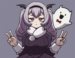 Rule 34 | 1girl, bat wings, black nails, boku no hero academia, bow, bowtie, coat, double v, ghost, headband, looking at viewer, monotsuki, non-web source, original, purple hair, red eyes, scarf, twintails, v, wings