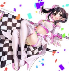 Rule 34 | 1girl, black hair, boots, checkered flag, earrings, fingerless gloves, flag, gloves, hair between eyes, highres, jewelry, long hair, love live!, love live! school idol project, midriff, nakano maru, navel, open mouth, race queen, red eyes, short hair, smile, solo, teeth, thigh boots, thighhighs, thighs, twintails, twitter username, upper teeth only, white footwear, white thighhighs, yazawa nico