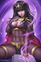Rule 34 | 1girl, aroma sensei, black hair, book, bracelet, breasts, bridal gauntlets, cape, cleavage, covered navel, fire emblem, fire emblem awakening, grey eyes, hexagram, highres, jewelry, long hair, looking at viewer, magic, medium breasts, nail polish, nintendo, open book, parted lips, sitting, solo, spread legs, tharja (fire emblem), tiara, toned