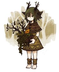Rule 34 | 1girl, animal ears, anklet, antlers, barefoot, deer antlers, eyebrows, flat chest, flower, forest, gradient background, green eyes, green hair, horn ornament, horns, jewelry, jitome, leaf, matching hair/eyes, multicolored eyes, nature, original, plant, satsumai, signature, solo, standing, tree, wristband, yellow eyes, yellow flower