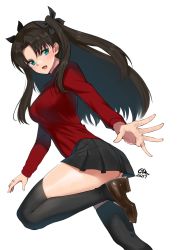 Rule 34 | 1girl, black hair, black skirt, black thighhighs, blue eyes, blush, breasts, brown footwear, c-da, dated, fate/stay night, fate (series), hair ribbon, highres, large breasts, leg up, loafers, long hair, long sleeves, open mouth, pleated skirt, red shirt, ribbon, shirt, shoes, signature, simple background, skirt, solo, thighhighs, tohsaka rin, two side up, white background