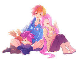 Rule 34 | 3girls, blush, boots, closed eyes, feathered wings, fluttershy, hood, hoodie, leaning on person, long hair, long sleeves, megarexetera, multicolored hair, multiple girls, my little pony, my little pony: friendship is magic, open mouth, orange shirt, pants, personification, pink hair, purple hair, rainbow dash, rex k, scootaloo, shirt, short hair, short sleeves, shorts, sitting, sleeping, sweater, white background, wings