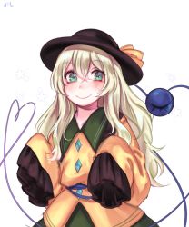 Rule 34 | 1girl, alternate hair length, alternate hairstyle, bad id, bad twitter id, black hat, blush, bow, commentary request, frilled shirt collar, frills, green eyes, green hair, green skirt, hair between eyes, hat, hat bow, heart, heart of string, highres, komeiji koishi, long hair, long sleeves, looking at viewer, shan, shirt, simple background, skirt, sleeves past fingers, sleeves past wrists, smile, solo, star (symbol), third eye, touhou, upper body, white background, wide sleeves, yellow bow, yellow shirt