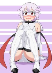Rule 34 | 1girl, absurdres, ass, bare shoulders, belt, black belt, blush, boots, breasts, elbow gloves, eye mask, gloves, grey hair, grey leotard, highres, leotard, looking at viewer, medium breasts, open mouth, pink background, red eyes, rururu ichigo, short hair, shy (character), shy (series), sitting, solo, teeth, thigh boots, upper teeth only, white background