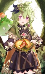 Rule 34 | 1girl, :d, ahoge, black dress, black sleeves, black thighhighs, blush, burger, capelet, collei (genshin impact), commission, cowboy shot, detached sleeves, dress, earrings, food, genshin impact, green capelet, green hair, hair between eyes, hair ornament, highres, holding, holding food, holding tray, jewelry, looking at viewer, medium hair, open mouth, pink eyes, pixiv commission, sidelocks, single earring, single thighhigh, sleeveless, sleeveless dress, slime (genshin impact), smile, solo, tassel, thighhighs, tomato, tomato slice, tray, vayneeeee, vision (genshin impact), zettai ryouiki