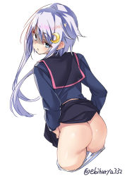 Rule 34 | 1girl, ass, black skirt, blue eyes, blush, commentary, crescent, crescent hair ornament, ebifurya, from behind, hair between eyes, hair ornament, highres, kantai collection, long sleeves, looking at viewer, looking back, miniskirt, panties, panty pull, purple hair, school uniform, serafuku, shaded face, short hair with long locks, simple background, skirt, solo, striped clothes, striped panties, twitter username, underwear, white background, yayoi (kancolle)