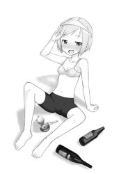 Rule 34 | 00s, 1girl, barefoot, bike shorts, bra, drunk, erica hartmann, feet, greyscale, hamao, lingerie, monochrome, object on head, panties, panties on head, salute, solo, strike witches, underwear, world witches series